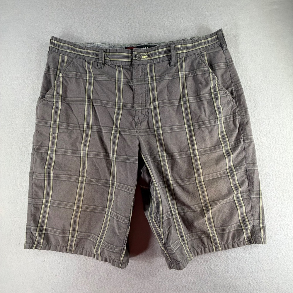 Tony Hawk Mens 38 Gray Yellow Plaid Flat Front Skate Shorts Streetwear Grunge